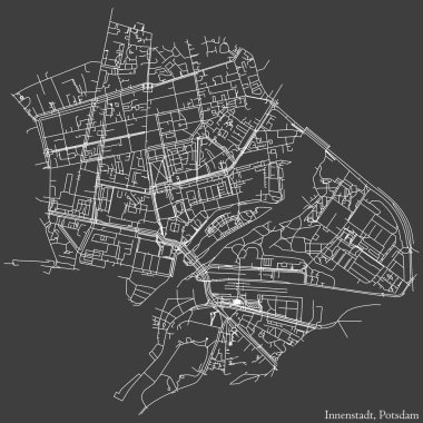 Detailed negative navigation white lines urban street roads map of the INNENSTADT BOROUGH of the German regional capital city of Potsdam, Germany on dark gray background