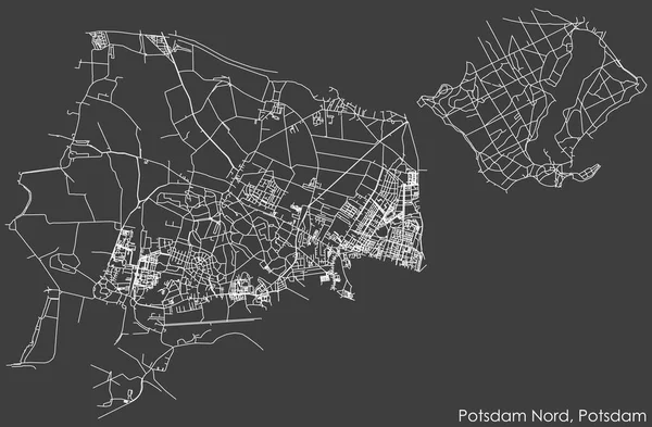 Detailed Negative Navigation White Lines Urban Street Roads Map Potsdam — Vetor de Stock