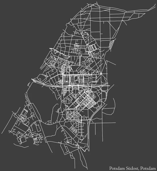 Detailed negative navigation white lines urban street roads map of the POTSDAM SDOST BOROUGH of the German regional capital city of Potsdam, Germany on dark gray background