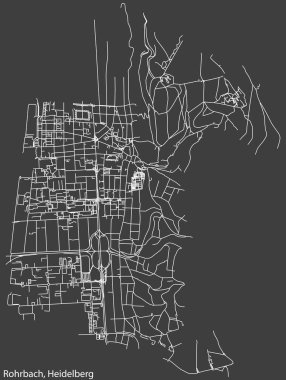 Detailed negative navigation white lines urban street roads map of the ROHRBACH DISTRICT of the German regional capital city of Heidelberg, Germany on dark gray background