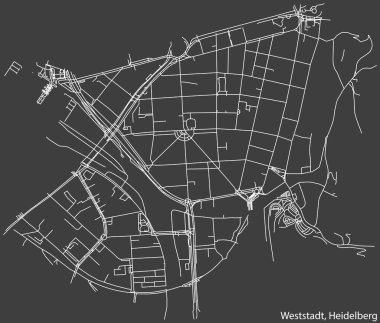 Detailed negative navigation white lines urban street roads map of the WESTSTADT DISTRICT of the German regional capital city of Heidelberg, Germany on dark gray background