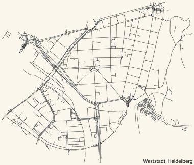 Detailed navigation black lines urban street roads map of the WESTSTADT DISTRICT of the German regional capital city of Heidelberg, Germany on vintage beige background
