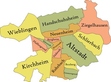Pastel flat vector administrative map of HEIDELBERG, GERMANY with name tags and black border lines of its districts