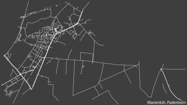 Detailed negative navigation white lines urban street roads map of the MARIENLOH DISTRICT of the German regional capital city of Paderborn, Germany on dark gray background