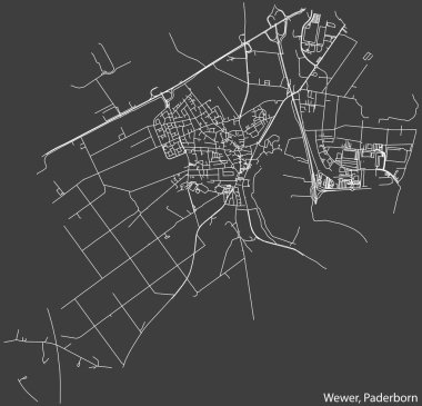 Detailed negative navigation white lines urban street roads map of the WEWER DISTRICT of the German regional capital city of Paderborn, Germany on dark gray background