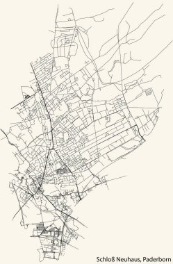 Detailed navigation black lines urban street roads map of the SCHLOSS NEUHAUS DISTRICT of the German regional capital city of Paderborn, Germany on vintage beige background