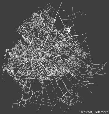 Detailed negative navigation white lines urban street roads map of the KERNSTADT DISTRICT of the German regional capital city of Paderborn, Germany on dark gray background