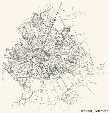 Detailed navigation black lines urban street roads map of the KERNSTADT DISTRICT of the German regional capital city of Paderborn, Germany on vintage beige background