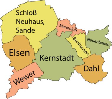 Pastel flat vector administrative map of PADERBORN, GERMANY with name tags and black border lines of its districts