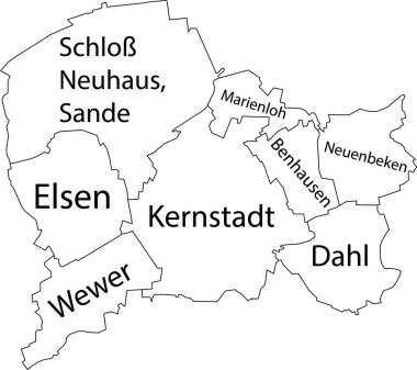 White flat vector administrative map of PADERBORN, GERMANY with name tags and black border lines of its districts