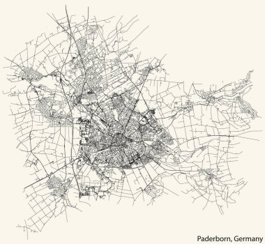 Detailed navigation black lines urban street roads map of the German regional capital city of PADERBORN, GERMANY on vintage beige background