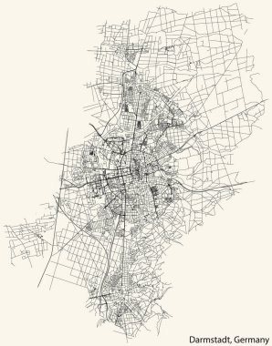 Detailed navigation black lines urban street roads map of the German regional capital city of DARMSTADT, GERMANY on vintage beige background