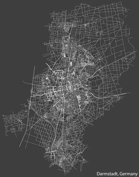 Detailed negative navigation white lines urban street roads map of the German regional capital city of DARMSTADT, GERMANY on dark gray background