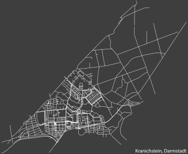 Detailed negative navigation white lines urban street roads map of the KRANICHSTEIN DISTRICT of the German regional capital city of Darmstadt, Germany on dark gray background