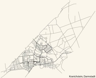 Detailed navigation black lines urban street roads map of the KRANICHSTEIN DISTRICT of the German regional capital city of Darmstadt, Germany on vintage beige background