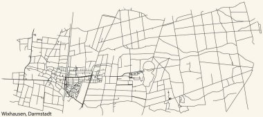 Detailed navigation black lines urban street roads map of the WIXHAUSEN DISTRICT of the German regional capital city of Darmstadt, Germany on vintage beige background