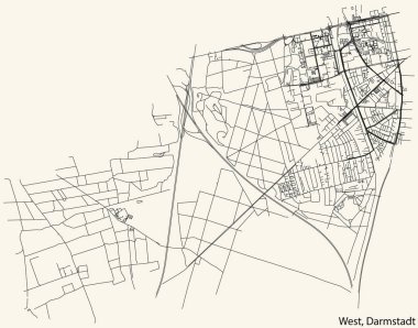 Detailed navigation black lines urban street roads map of the DARMSTADT-WEST DISTRICT of the German regional capital city of Darmstadt, Germany on vintage beige background