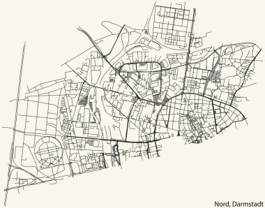 Detailed navigation black lines urban street roads map of the DARMSTADT-NORD DISTRICT of the German regional capital city of Darmstadt, Germany on vintage beige background