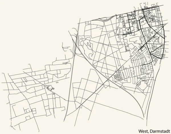 Detailed Navigation Black Lines Urban Street Roads Map Darmstadt West — Vetor de Stock