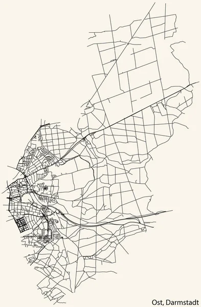 Detailed Navigation Black Lines Urban Street Roads Map Darmstadt Ost — Vettoriale Stock