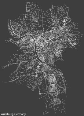 Detailed negative navigation white lines urban street roads map of the German regional capital city of WRZBURG, GERMANY on dark gray background