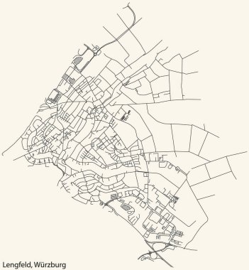 Detailed navigation black lines urban street roads map of the LENGFELD DISTRICT of the German regional capital city of Wrzburg, Germany on vintage beige background