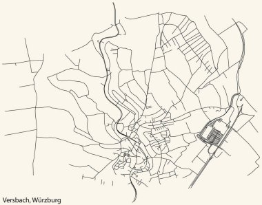 Detailed navigation black lines urban street roads map of the VERSBACH DISTRICT of the German regional capital city of Wrzburg, Germany on vintage beige background