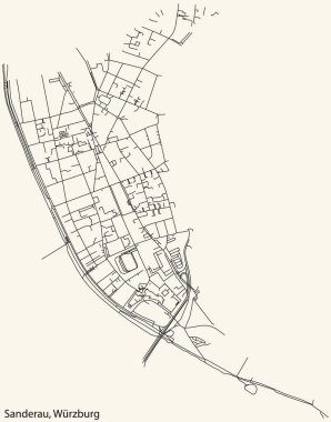 Detailed navigation black lines urban street roads map of the SANDERAU DISTRICT of the German regional capital city of Wrzburg, Germany on vintage beige background