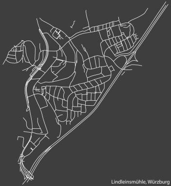 Detailed negative navigation white lines urban street roads map of the LINDLEINSMHLE DISTRICT of the German regional capital city of Wrzburg, Germany on dark gray background