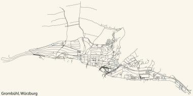 Detailed navigation black lines urban street roads map of the GROMBHL DISTRICT of the German regional capital city of Wrzburg, Germany on vintage beige background