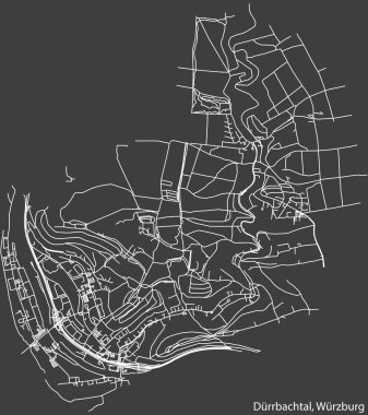 Detailed negative navigation white lines urban street roads map of the DRRBACHTAL DISTRICT of the German regional capital city of Wrzburg, Germany on dark gray background