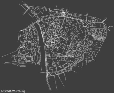 Detailed negative navigation white lines urban street roads map of the ALTSTADT DISTRICT of the German regional capital city of Wrzburg, Germany on dark gray background