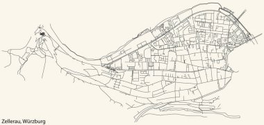 Detailed navigation black lines urban street roads map of the ZELLERAU DISTRICT of the German regional capital city of Wrzburg, Germany on vintage beige background