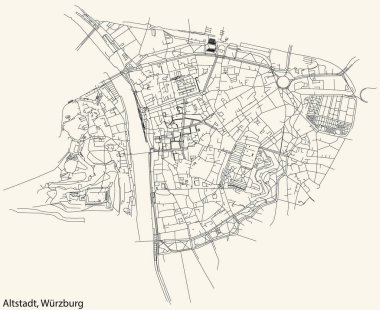 Detailed navigation black lines urban street roads map of the ALTSTADT DISTRICT of the German regional capital city of Wrzburg, Germany on vintage beige background