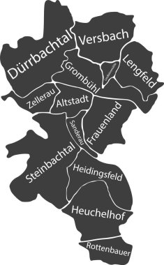 Dark gray flat vector administrative map of WRZBURG, GERMANY with name tags and white border lines of its districts