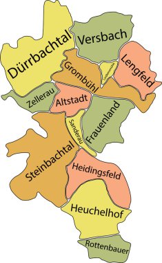 Pastel flat vector administrative map of WRZBURG, GERMANY with name tags and black border lines of its districts