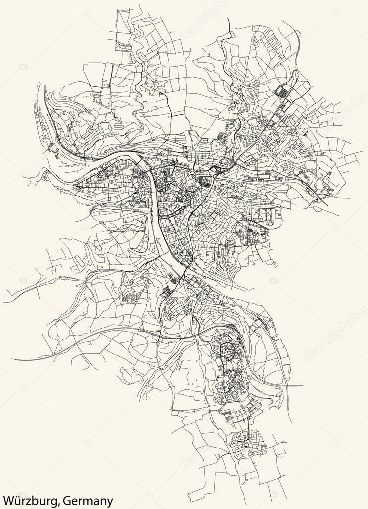 Detailed navigation black lines urban street roads map of the German regional capital city of WRZBURG, GERMANY on vintage beige background