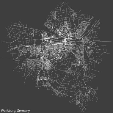 Detailed negative navigation white lines urban street roads map of the German regional capital city of WOLFSBURG, GERMANY on dark gray background