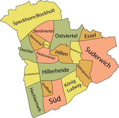 Pastel flat vector administrative map of RECKLINGHAUSEN, GERMANY with name tags and black border lines of its districts