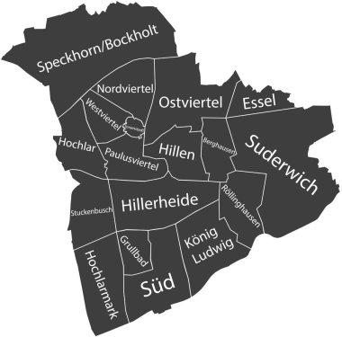 Dark gray flat vector administrative map of RECKLINGHAUSEN, GERMANY with name tags and white border lines of its districts