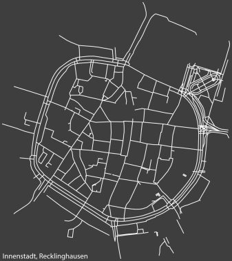 Detailed negative navigation white lines urban street roads map of the INNENSTADT DISTRICT of the German regional capital city of Recklinghausen, Germany on dark gray background