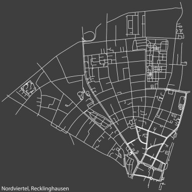 Detailed negative navigation white lines urban street roads map of the NORDVIERTEL DISTRICT of the German regional capital city of Recklinghausen, Germany on dark gray background