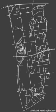 Detailed negative navigation white lines urban street roads map of the GRULLBAD DISTRICT of the German regional capital city of Recklinghausen, Germany on dark gray background