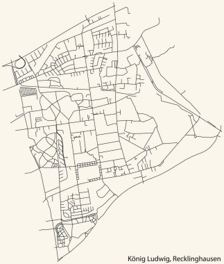 Detailed navigation black lines urban street roads map of the KNIG LUDWIG DISTRICT of the German regional capital city of Recklinghausen, Germany on vintage beige background