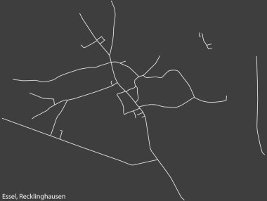 Detailed negative navigation white lines urban street roads map of the ESSEL DISTRICT of the German regional capital city of Recklinghausen, Germany on dark gray background