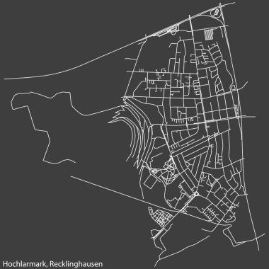 Detailed negative navigation white lines urban street roads map of the HOCHLARMARK DISTRICT of the German regional capital city of Recklinghausen, Germany on dark gray background