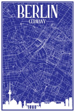 BERLIN, GERMANY merkezinin mavi arka planında panoramik siluet ve elle çizilmiş sokak ağıyla teknik şehir afişi.