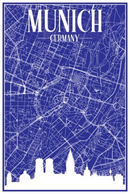 MUNICH, GERMANY merkezinin mavi arka planında panoramik silueti ve el çizimi sokak ağı olan şehir posterinin teknik çıktısını alın.