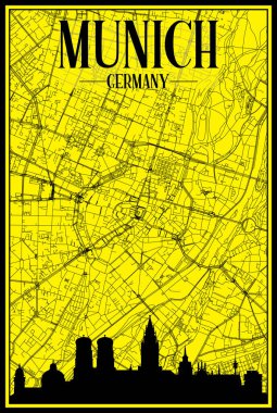 MUNICH, GERMANY 'nin sarı ve siyah arkaplan üzerine panoramik silueti ve elle çizilmiş sokak ağıyla altın baskılı şehir posteri