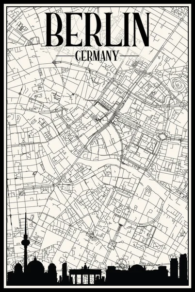 ドイツ ベルリンのダウンタウンのヴィンテージベージュを背景に パノラマのスカイラインと手描きの通りネットワークを持つ光の印刷都市ポスター — ストックベクタ